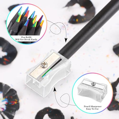 12 Pcs Rainbow Pencils with Sharpener, 7 Color in 1, Black Wooden, Art Supplies for Kids & Adults, Birthday Pencils