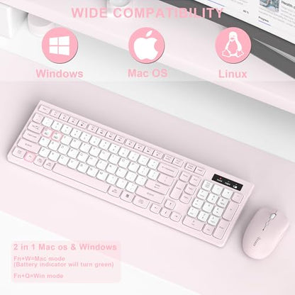 Wireless Keyboard and Mouse Combo, Full-Sized Quiet Wireless Keyboard and Adjustable DPI Mouse, 2.4GHz USB Receiver, Keyboard and Mouse for PC, Windows, Desktop, Laptop (Pink and White-B) - color: Pink and white-B