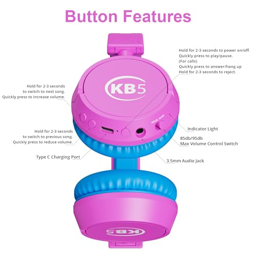 Contixo KB-5 Kids Headphones - Over The Ear Foldable Bluetooth Wireless Headphone for Kids - 85dB with Volume Limited - Toddler Headphones for Boys and Girls (Pink + Blue) - color: Pink