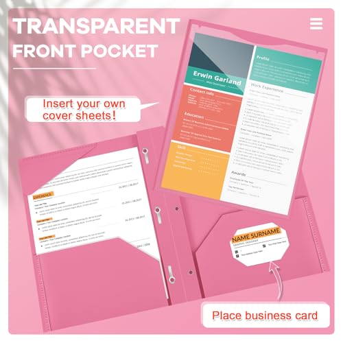 Henoyso 48 Pcs Plastic Folder with Clear Front Pocket and 3 Prongs Heavy Duty Plastic Folders with Card Slot Pocket Folders with Prongs for School Office Home(Pink) - color: Pink