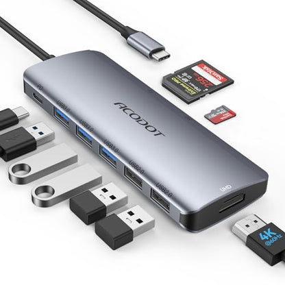 USB C Hub, 9-in-1 Multi-Port USB Adapter, 4K@60Hz HDMI, 100W Max PD, 3 USB3.0(5Gbps) + 2 USB2.0 Data Ports, SD/TF Card Reader for MacBook, iPad Pro, Dell, HP, Lenovo, Windows Laptop - color: Grey