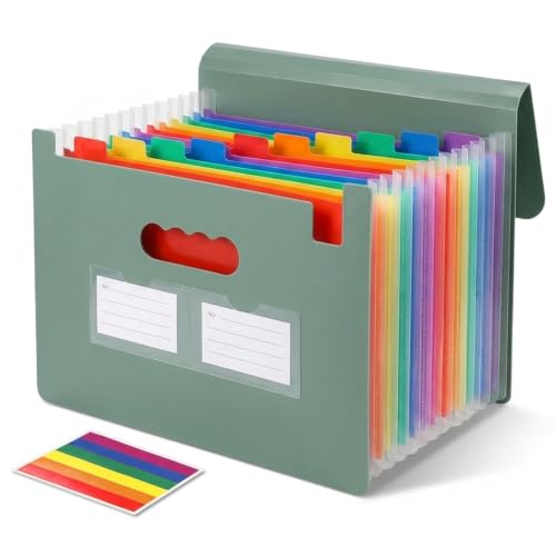 Accordion File Organizer, 13 Pockets Expanding File Folder with Index Tabs, Portable Document Organizer for Paper Receipts Bills Taxes, Letter A4 Document Holder for Home Office School, Green - color: Green