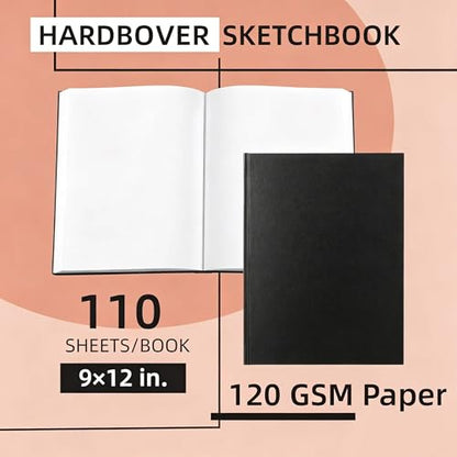 Hardcover Large Size 9" x 12" Sketch Pads for Drawing, 110 Sheets, 80lb/120GSM Mixed Media Pad - Acid Free Paper, Bleedproof, Hardbound Sketchbook, Professional Grade (Pack of 1)