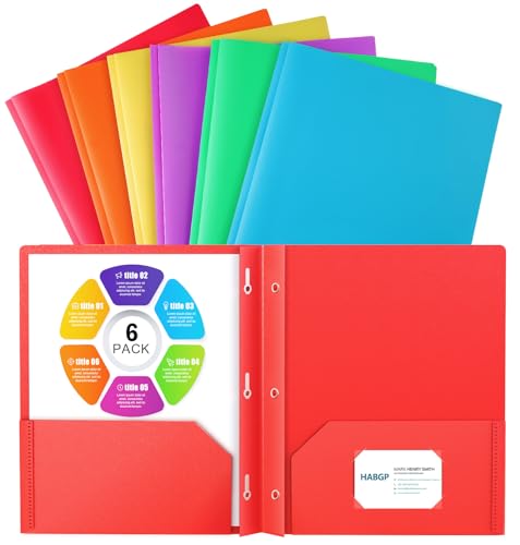 HABGP 6 Folders with Pockets and Prongs, 2 Pocket 3 Prong Folders with Business Card Holder, Plastic Heavy Duty File Folders for Documents Business Office School Supplies, Letter Size 6 Bright Colors - size: 1 set (6 pcs)