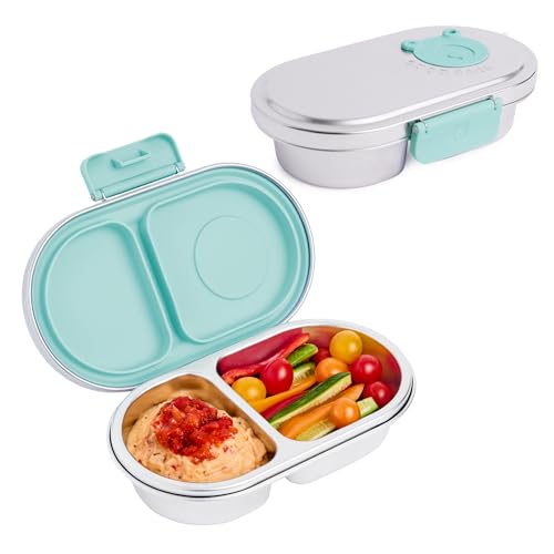 Good Bare Stainless Steel Snack Container for Kids | 2-Compartment Metal Bento Box | Removable Silicone Seal, BPA-Free | Leak-Resistant, Dishwasher Safe | Updated Easy-Open Latch - color: Mint Green