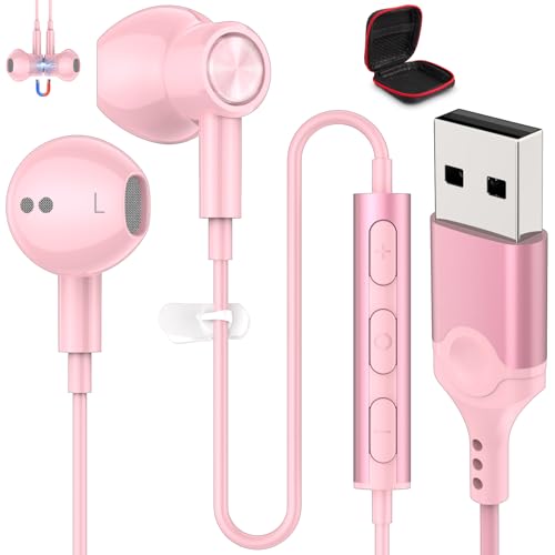 ASKUBSKU USB Headset with Microphone for PC 7.5 Ft Cable, USB A Headphones for Computer, Wired USBA Earbuds with Mute in-Line Stereo Noise Isolating Call Cord Earphone for Laptop, Pink - color: Pink