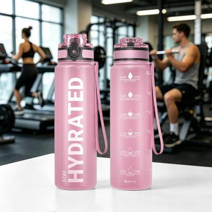 32oz Water Bottle with Time Marker, Leakproof & Motivational Gradient Design, BPA Free, Wide Mouth with Easy Clean Brush for Gym, Travel, Home & Office (Pink) - color: Pink
