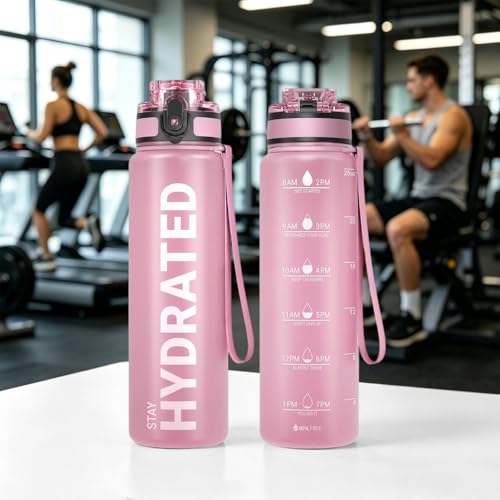 32oz Water Bottle with Time Marker, Leakproof & Motivational Gradient Design, BPA Free, Wide Mouth with Easy Clean Brush for Gym, Travel, Home & Office (Pink) - color: Pink