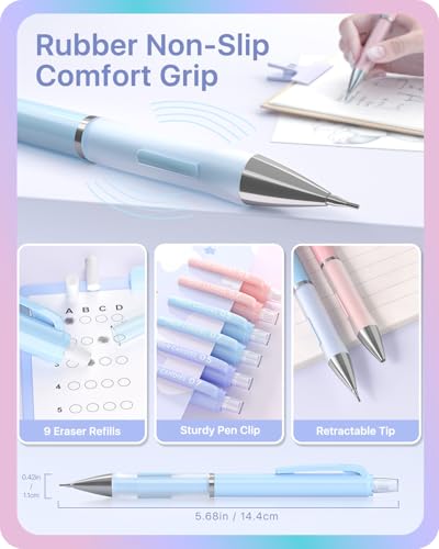 Four Candies Cute Pastel Mechanical Pencil Set, 0.5/0.7mm, 6 Pack | 360 Lead Refills, 3 Erasers, 9 Eraser Refills, Storage Case, Non-Slip Grip, Fine & Everyday Lines for Writing & Drawing - style: 0.5mm+0.7mm