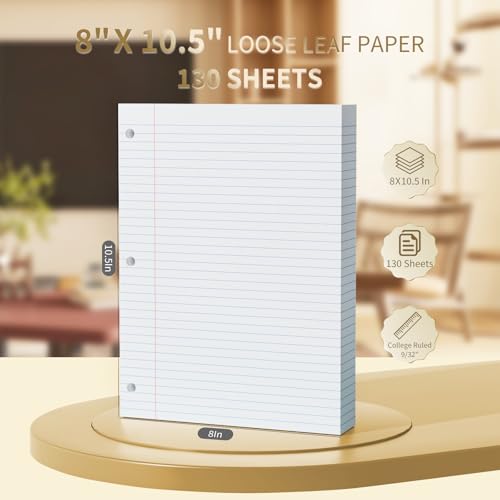 130 Sheets Loose Leaf Paper 8" x 10.5" Filler Paper College Ruled 3-Hole Punched Lined Paper Notebook Paper for 3-Ring Binders Notepad Writing Note Pads Ideal for Home, School, Office - color: White