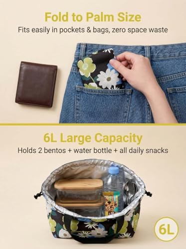 Double-Handle Lunch Bag, Insulated Waterproof Reusable Tote for Women/Students, Fits 2 Bento Boxes + Water Bottle - Ideal for School/Office/Picnic(Daisy) - color: Daisy