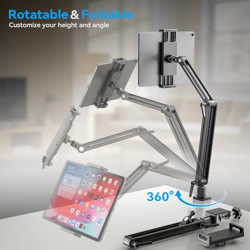Jakeko Adjustable Tablet Mount for Desk - 360 Degree Rotating Base Tall Arm Holder Stand Swivel Flexible Clamp Soporte para Tablet/Portable Monitor/Ebook - size: up to 15.6"
