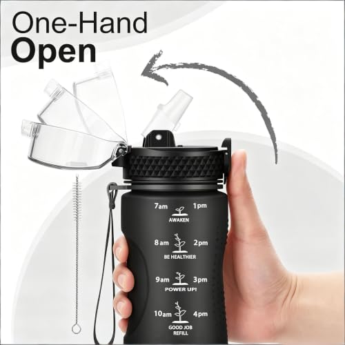 24 OZ Motivational Water Bottle With Time Marker,Leak Proof,Straw Lid, Tritan BPA Free Sports Water Bottle Black(1 Lid) - color: Black