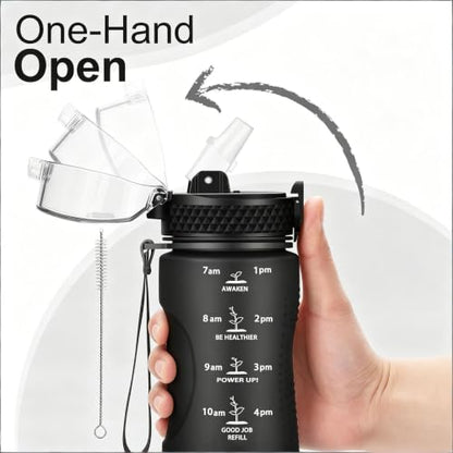 24 OZ Motivational Water Bottle With Time Marker,Leak Proof,Straw Lid, Tritan BPA Free Sports Water Bottle Black(1 Lid) - color: Black