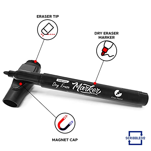 Scribbledo 12 Pack Magnetic Dry Erase Markers Black Fine Tip Whiteboard Markers with Eraser Cap Thin Low Odor Skinny White Board Markers for Adults Students Teachers Art Home School & Office - style: 12 Pack