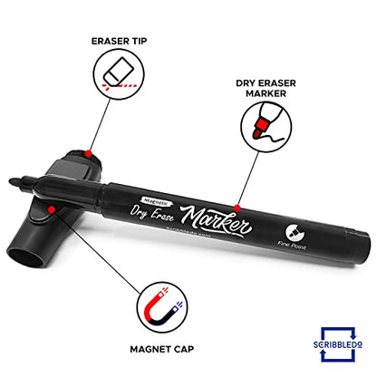 Scribbledo 12 Pack Magnetic Dry Erase Markers Black Fine Tip Whiteboard Markers with Eraser Cap Thin Low Odor Skinny White Board Markers for Adults Students Teachers Art Home School & Office - style: 12 Pack