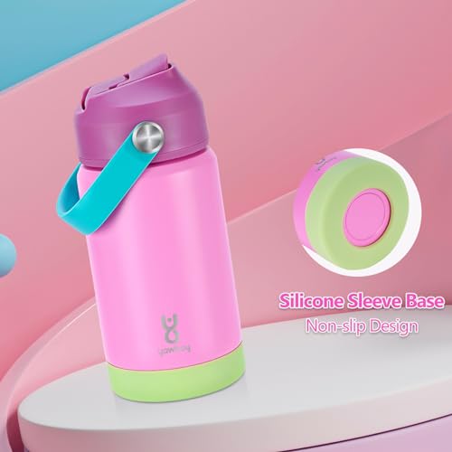 Kids Insulated Water Bottle with Straw Lid & Silicone Handle,12oz Kids Leak Proof Water Bottle for School Boys Girls,Double Wall Vacuum Stainless Steel with Non-slip Silicone Base(Pink) - color: Pink, size: 12 Ounces