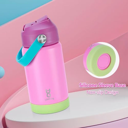 Kids Insulated Water Bottle with Straw Lid & Silicone Handle,12oz Kids Leak Proof Water Bottle for School Boys Girls,Double Wall Vacuum Stainless Steel with Non-slip Silicone Base(Pink) - color: Pink, size: 12 Ounces