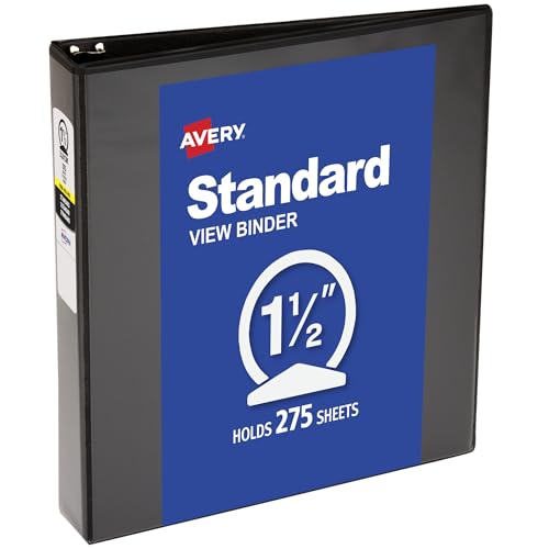 Avery Standard View 3 Ring Binder, 1.5" Round Rings, 275-Sheet Capacity, 2.1 Inch Wide Spine, 1 Black Binder, Ideal for Lightweight Organization and Occasional Referencing (05771) - size: 1 Count (Pack of 1)