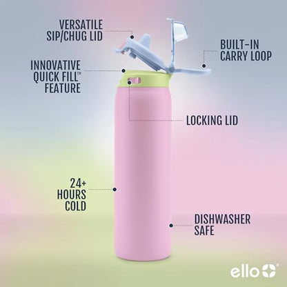 Ello Pop & Fill Insulated Stainless Steel Water Bottle with Quick Fill Lid, Leakproof Locking, Sip or Chug Spout, BPA-Free, Double Wall Vacuum Insulated for Sports, Travel & School- 22oz / 32oz / 40oz - color: Rosy Skyline, style: 40oz
