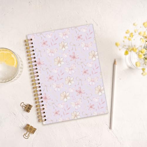 MOFUYU Cute Preppy Purple Bow Notebook Journals Diary | Preppy Cute Purple School Supplies for Teen Girls Women,Floral Hardcover Spiral Notebook A5 - color: Purple(pink)