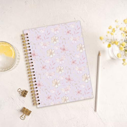 MOFUYU Cute Preppy Purple Bow Notebook Journals Diary | Preppy Cute Purple School Supplies for Teen Girls Women,Floral Hardcover Spiral Notebook A5 - color: Purple(pink)