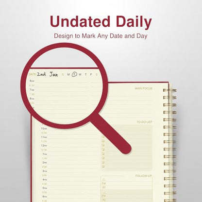 AuroPlanner Undated Daily Planner Notebook 8.5x11 Hourly Schedule Red | office & student planning, 180 pages 100 GSM cream white paper hardcover spiral bound notebook, 2026-2028 reference calendar - color: Red