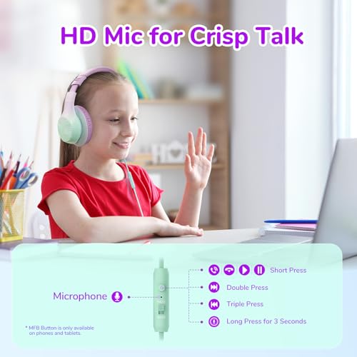 EarFun K3 Kids Headphones, Over Ear Headphones with Microphones, 85/94dB Volume Limit, HD Stereo Sound, Foldable Wired Headphone for School/Travel/Boys/Girls/Tablet/iPad (3.5mm Plug with Mic, Purple) - color: Purple