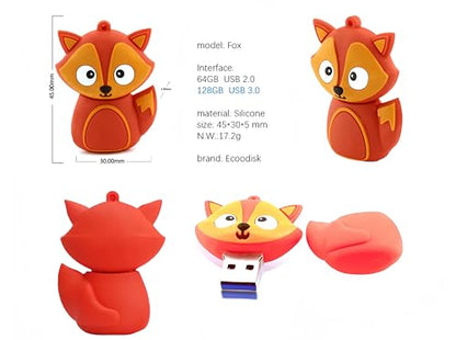 128GB USB 3.0 Flash Drive Novelty Cartoon Red Fox High Transfer Speed Pendrive Memory Stick - color: Red Fox