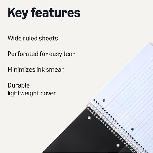 Amazon Basics Wide Ruled Spiral Notebook, Poly Cover, 5 Subject, For Work and School, 200 Sheets, 8.5" x 10.5", Black, 1-Pack - color: Black, style: Wide Ruled 200 Sheets