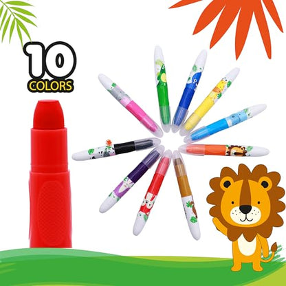 Pointer Twistable Gel Crayons Set for Children - 10 Bright Colors, Smooth & Washable, Non-Toxic Art Supplies for Drawing, School Projects, Crafts and Creative Learning Coloring Tool - Animal Design