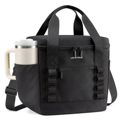 LOVEVOOK Insulated Lunch Bag for Women men, Large Leakproof Adult Lunch Box | 180° Wide Opening, Fits 40oz Cup, Heat-Sealed Leakproof, 4-Layer Thermal Insulation, Multi-Functional DIY Webbing - color: Black, size: Large-11L