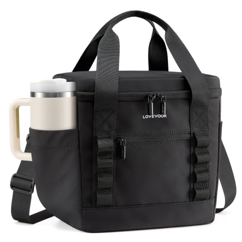 LOVEVOOK Insulated Lunch Bag for Women men, Large Leakproof Adult Lunch Box | 180° Wide Opening, Fits 40oz Cup, Heat-Sealed Leakproof, 4-Layer Thermal Insulation, Multi-Functional DIY Webbing - color: Black, size: Large-11L