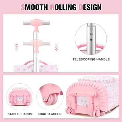 ACESAK Rolling Backpack for Girls - Roller Wheels School bag with Lunch Bag & Pencil Pouch for Teen Girls Kids Wheeled Suitcase Backpacks, Elementary Middle School Travel Daypack (Pink Bow) - color: Pink Bow