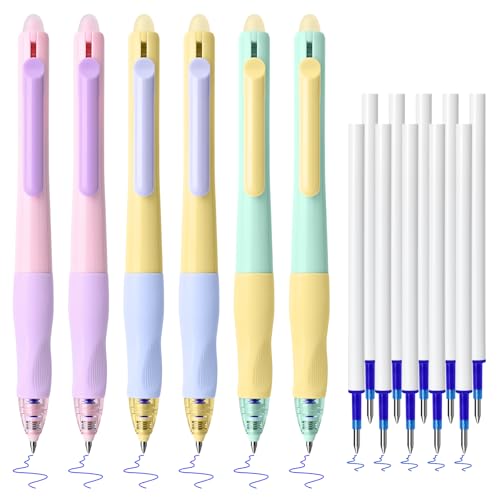 Temiary 6 Pcs Retractable Erasable Gel Pens & 10Pcs Refills, Blue Ink 0.5mm | Comfortable Grip Pen with Eraser, Make Mistakes Disappear, Blue Ink Pen for Planners and Crossword Puzzle - color: Blue Ink