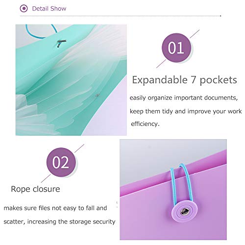 Vertical Expanding Accordion Folder with 7 Pockets Paperwork Organizer Document Wallet Briefcase Business File Organizer Bag A4 Letter Size Elastic Rope Closure Pink