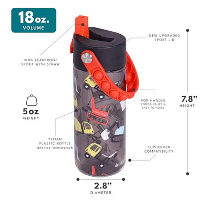 Elemental Water Bottles for Kids - Splash Kids Water Bottle for School with Pop-it Handle - BPA Free Tritan Plastic Water Bottle with Straw Leak Proof when Spout is Closed - Construction - 18oz - color: Construction