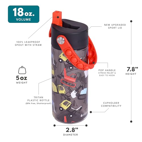 Elemental Water Bottles for Kids - Splash Kids Water Bottle for School with Pop-it Handle - BPA Free Tritan Plastic Water Bottle with Straw Leak Proof when Spout is Closed - Construction - 18oz - color: Construction