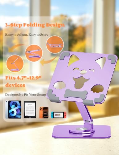 Aoviho Tablet Stand for iPad with 360° Rotating Base – Aluminum Adjustable Tablet Stand for Desk, Cute Dog Design Holder for iPad Pro/Air/Mini, Samsung Galaxy, Kindle, 4″–13″ Devices,Purple - color: Purple