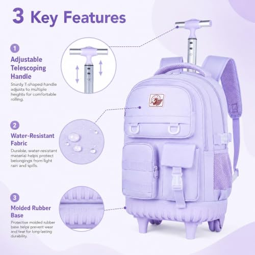 WZLVO Rolling Backpack for Girls, 21 inch Water Resistant Roller School Bag with Wheels, Wheeled Backpacks Set for Teen Women Elementary Travel - Purple - color: Purple