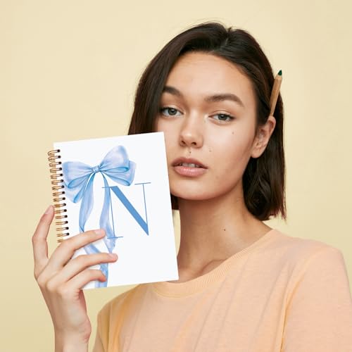 JXREQ Coquette Blue Bow Personalized Notebook, Initial Letter N Monogram Journal, Preppy Girly Ribbon Bow Journal, Monogrammed Gifts for Women, Aesthetic Spiral Notebook 5.5x8.3 - color: N Blue