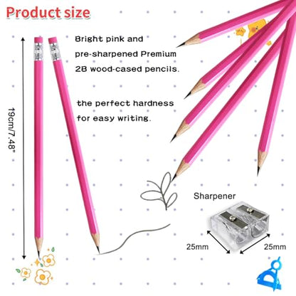 Adhere 25pcs Woodcase Pencils with Eraser Premium Pre-Sharpened Hexagon Graphite 2B pencils ideal for home, office writing including a Free Sharpener(Pink・25pcs) - color: Pink・25pcs