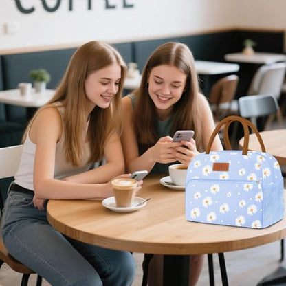 Coobiiya Insulated Lunch bag Women，Reusable Cute Lunch Box for Women | Large Capacity Lunch Tote Cooler Thermal Leakproof for Work Travel Picnic - color: Blue Daisy