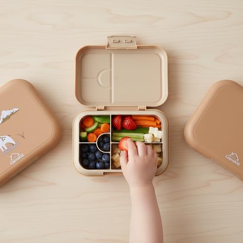 Bento Midi Lunch Box with carrying handle – 4 No-Mix Compartments | Microwave & Dishwasher Safe,Removable Tray | 900ML OZ (Pink Dark Powder ClevaRaff Friend) - color: Pink Dark Powder ClevaRaff Friend