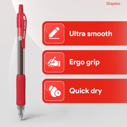 STAPLES Retractable Gel Pens, Fine Point, Red Ink, 12 Pack – Smooth Writing, Quick‑Dry Pens for Notes, Editing & Office Use - color: Red, size: 12 Pack, style: Fine Point
