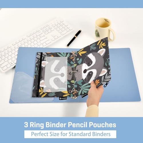 Fustylead Cute Raccoon and Leaves 2 Pack Pencil Pouches for 3 Ring Binder, Big Capacity Binder Pencil Bag with Clear Window for School Office Cosmetic Children Supplies - color: Grey01