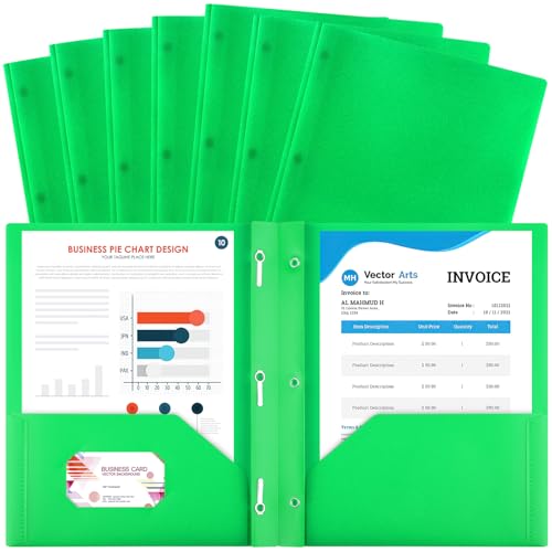 8 Pack Plastic Folders With 2 Pockets, Colorful Letter Size File Folders With Prongs and Business Card Slots for School Office - color: Green