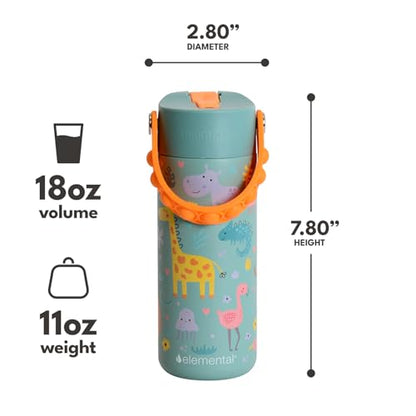 Elemental Insulated Kids Water Bottle, Stainless Steel Water Bottle with Straw Lid & Pop-It Handle, Leak-Proof Water Bottles for School, Boys or Girls, Travelling and Sports, 18oz - Safari - color: Safari
