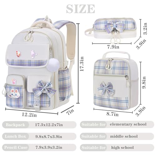 NSEQB Girls Backpack,Kids School Backpack With Lunch Box Pencil Case Set,Cute Childrens Schoolbag For Girls - color: Beige-3PCS