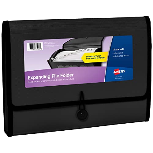 Avery Expanding File Folder Organizer, 13-Pocket Accordion File Organizer, Black, Holds 425 Letter/A4-Size Sheets (73553)
